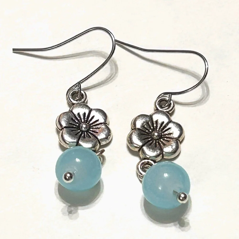 Silver Flower With Blue Stone Beads Earrings - Picture 3 of 8